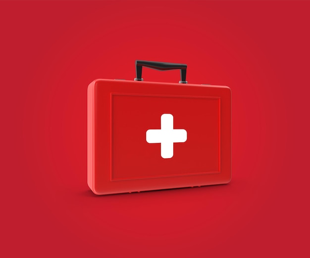 First aid kit isolated on red Background, medical paramedic survival first aid kit bag, CPR