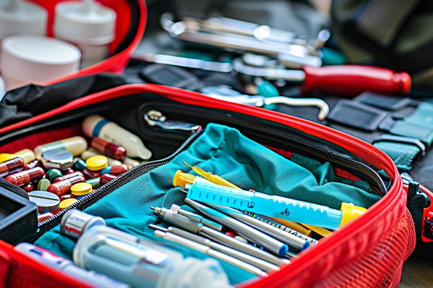 First aid kit medical pills and instruments