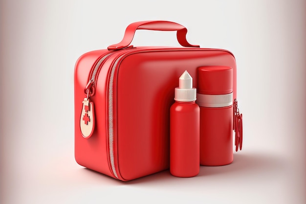 First aid kit in red bag on white backdrop