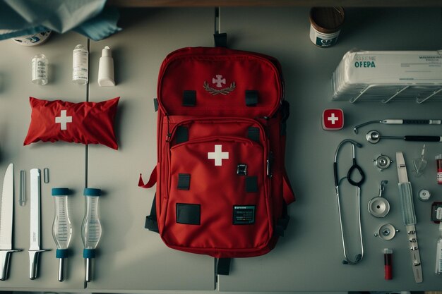 First aid kit red bag with medical equipment and medications for emergency treatment