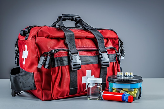 First aid kit red bag with medical equipment and medications for emergency treatment