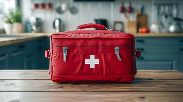 First aid kit on the table in the kitchen Health care concept