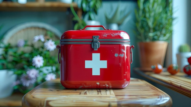 First aid kit on the table in the kitchen Health care concept