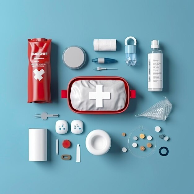 Photo first aid kit top view on a blue background pills plaster thermometer bandage are laid out nearby 3d render ai generative