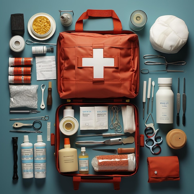 Photo first aid kit top view on a blue background pills