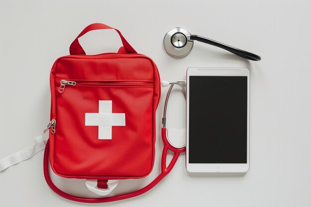 First aid kit with digital tablet and stethoscope on white background