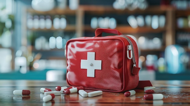 First aid kit with pills on table in living room