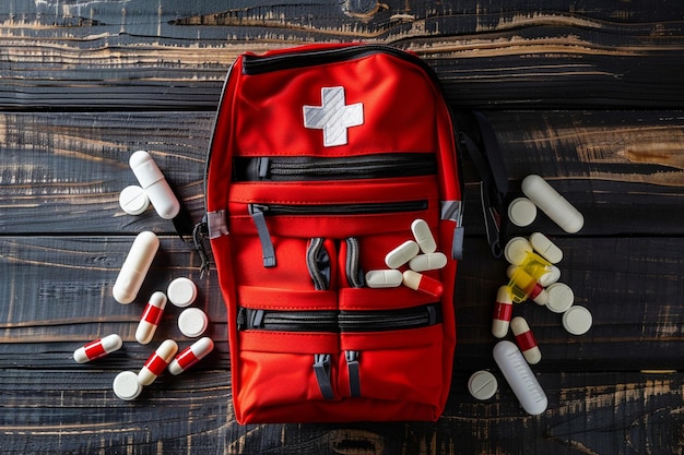 First aid kit with pills top view on a dark wooden background