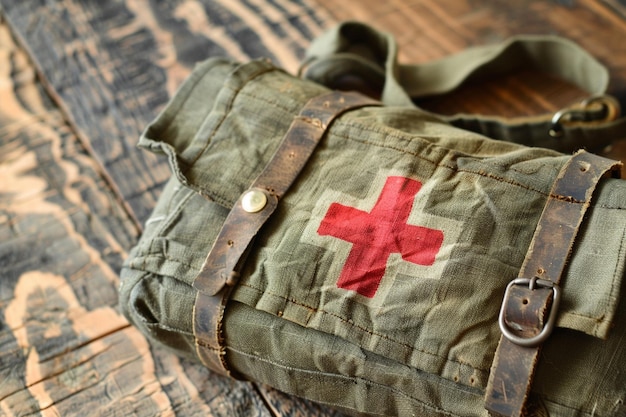 First aid kit with pills top view on a dark wooden background