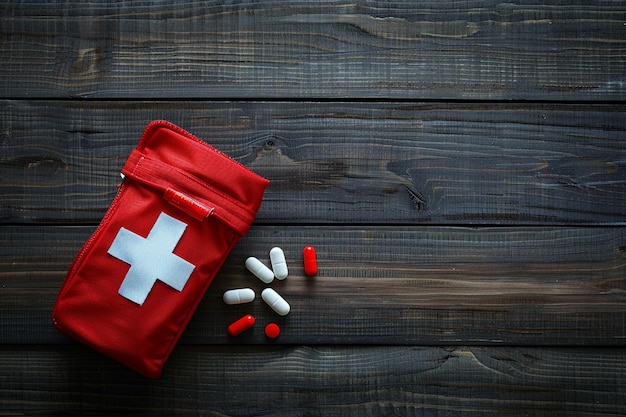 Photo first aid kit with pills top view on a dark wooden background