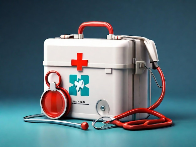 First aid kit with stethoscope Red doctors bag with white cross with reflection Emergency healthcare paramedic assistance concept Graphic design element for eb poster flyer 3D illustration