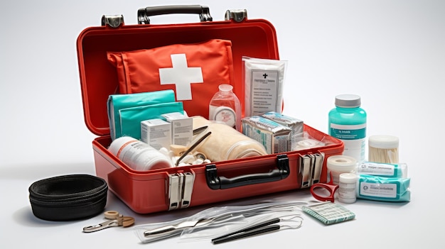 Photo first aid kit with visible medical supplies on white background