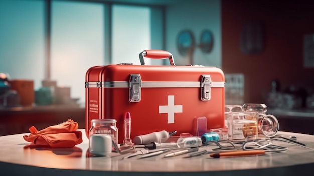 First aid kit on a wooden table in a medical office The concept of healthcare and medicinegenerative ai