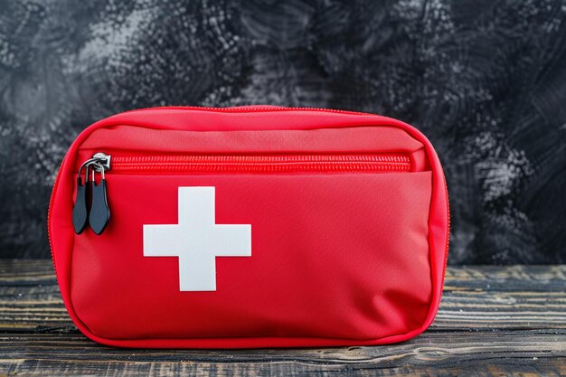 First aid medical kit on dark wooden table