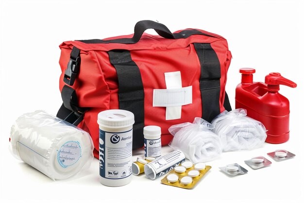 First aid medical kit on white background