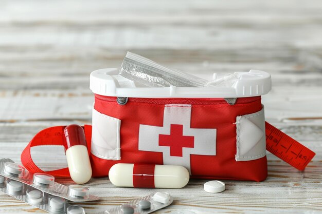 First aid medical kit on white wooden table