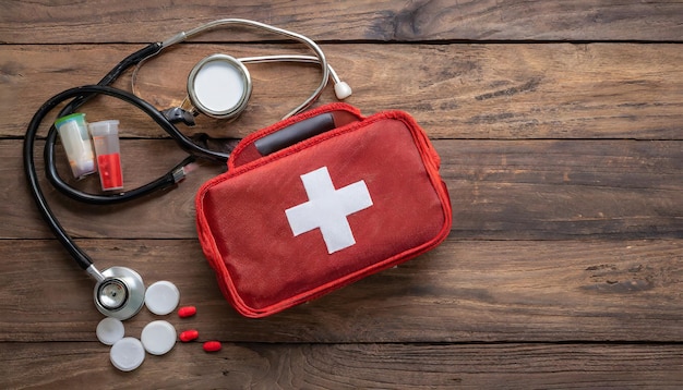 Photo first aid medical kit on wood background copy space top view