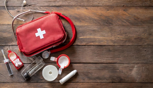 first aid medical kit on wood background copy space top view