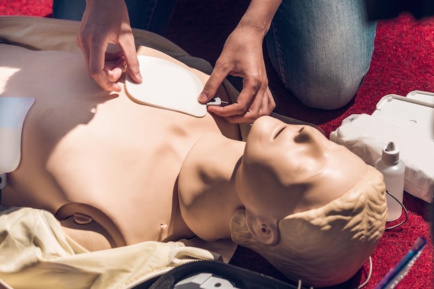 First aid training defibrillator cpr practice