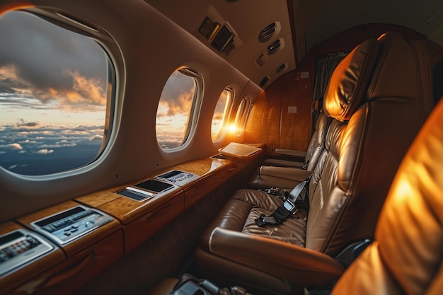 A first class area in a business jet with the sunset through a window