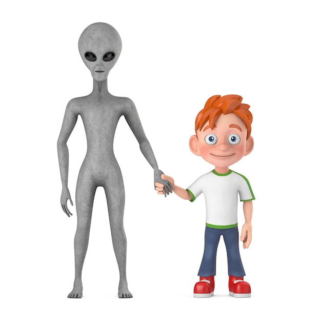 First Contact Concept Scary Gray Humanoid Alien Friendship with Cartoon Little Boy Teen Person Character Mascot 3d Rendering