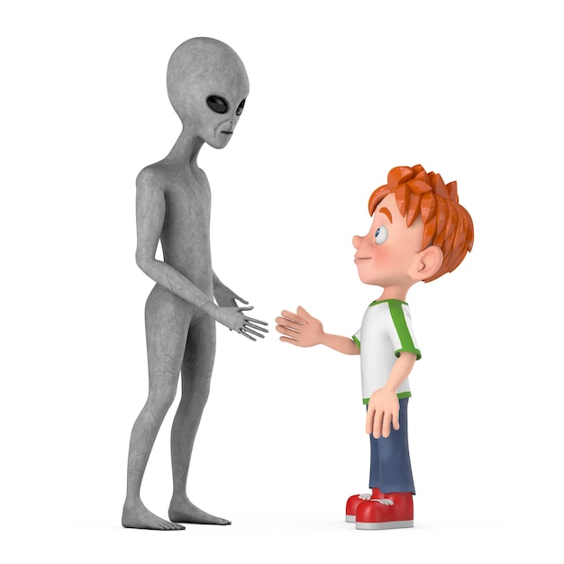 첫 번째 접촉 개념 만화 어린 소년 십대 사람 캐릭터 마스코트 3d 렌더링과 무서운 회색 인간형 외계인 우정