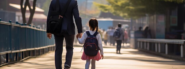 사진 학교 첫날 아버지는 1학년 어린 여학생을 이끌고 있습니다. 생성 ai 기술로 제작