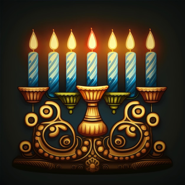 First day of Hanukkah with burning Hanukkah colorful candles in Menorah Generative Ai