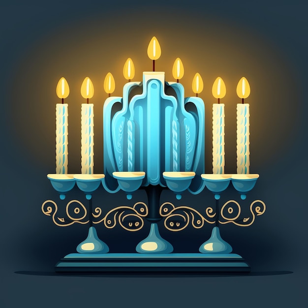 First day of Hanukkah with burning Hanukkah colorful candles in Menorah Generative Ai