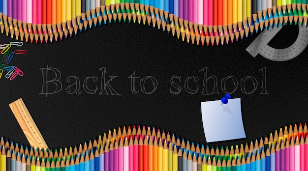 Il primo giorno di scuola matite colorate e la scritta back to school giornata della conoscenza