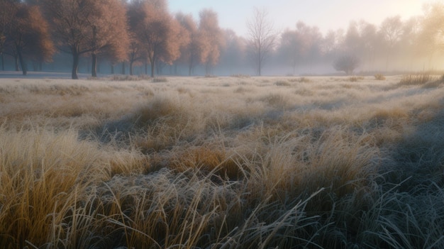 The first frost of winter covering a meadow