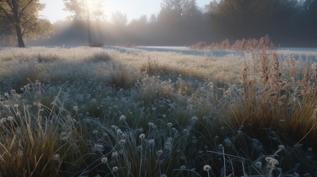 The first frost of winter covering a meadow