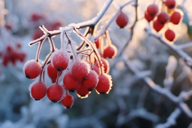 The first frosts A sprig of rosehip in the hoarfrost Winter weather Generative AI