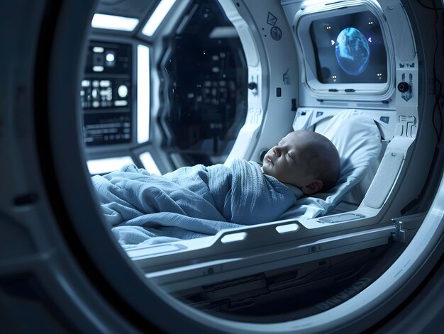 The first human born child on a spaceship traveling to a new colony world a symbol of hope and continuity beyond Earth