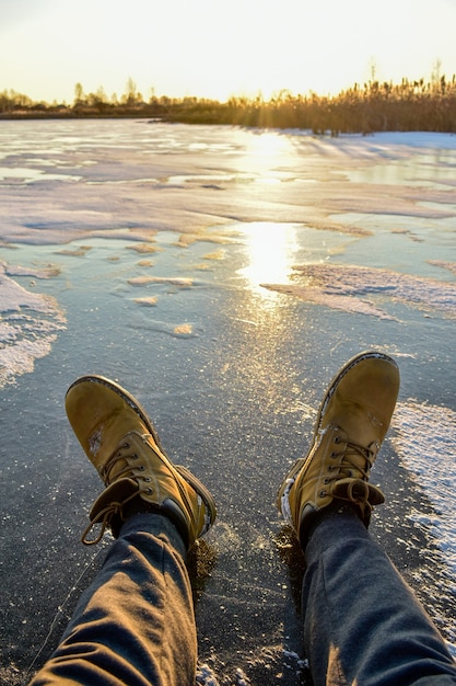 The first ice on the sun at sunset