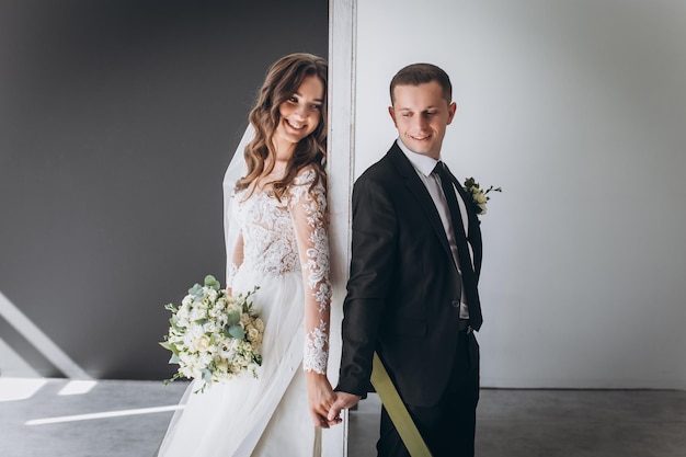 First look of wedding couple in the morning. Bride and groom. The first meeting