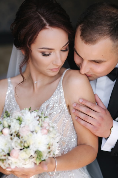 First meet of groom and bride. Wedding day first look. Happy couple of man and woman.