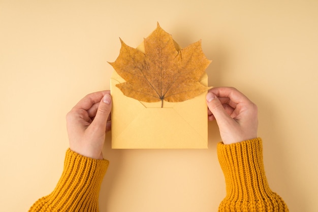 First person top view photo of female hands in yellow sweater holding open pastel yellow envelope with autumn maple leaf on isolated light orange background with copyspace