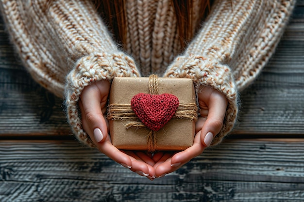 Foto foto in prima persona di ragazze con le mani che tengono carta artigianale scatola regalo di san valentino