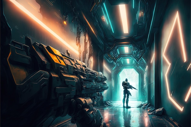 First person view shooter game arms holding futuristic gun rifle on scifi spaceship corridor AI