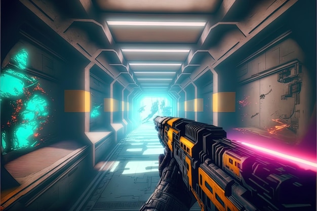 First person view shooter game arms holding futuristic gun rifle on scifi spaceship corridor AI