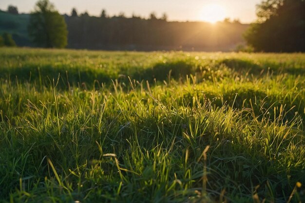 first rays of sun touching a green meadow