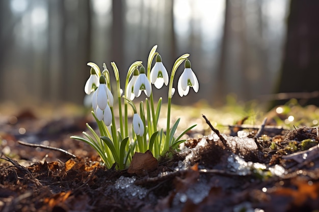 Photo first snowdrops emerging through melting snow in spring springtime flowers concept of changing