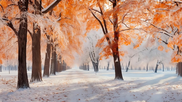 First snowfall in a bright colorful city park in autumn First snow in late autumn weather forecast