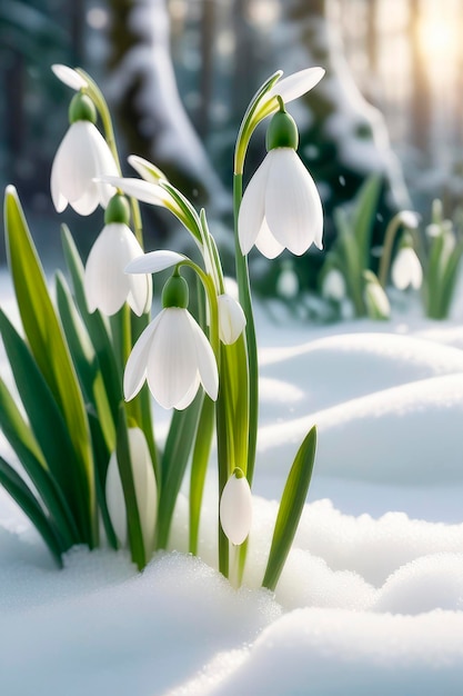 First spring flowers Beautiful blooming of snowdrops in forest