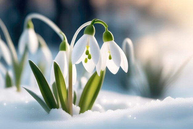 First spring flowers Beautiful blooming of snowdrops in forest