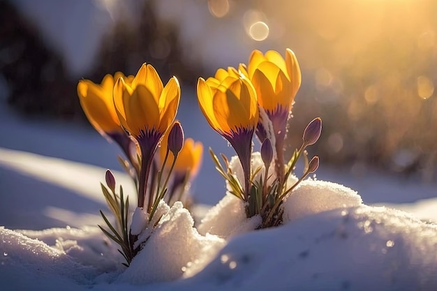 The first spring flowers yellow crocuses on the snow in nature in the rays of sunlight close up macro