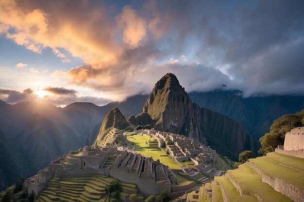 First sunlight on machu picchu from opening clouds