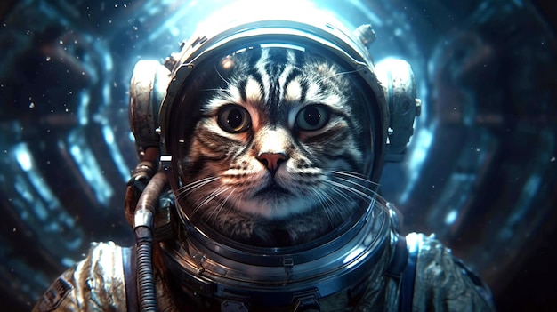 First trip to space Brave cat astronaut at the spacewalk AI Generative