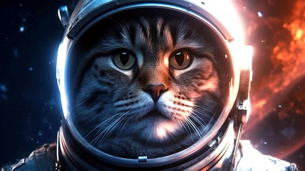 First trip to space Brave cat astronaut at the spacewalk AI Generative